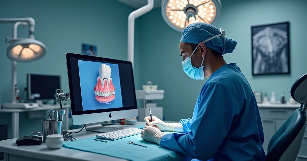Dentista realizando cirurgia de implante dental com tecnologia avançada em clínica moderna 
