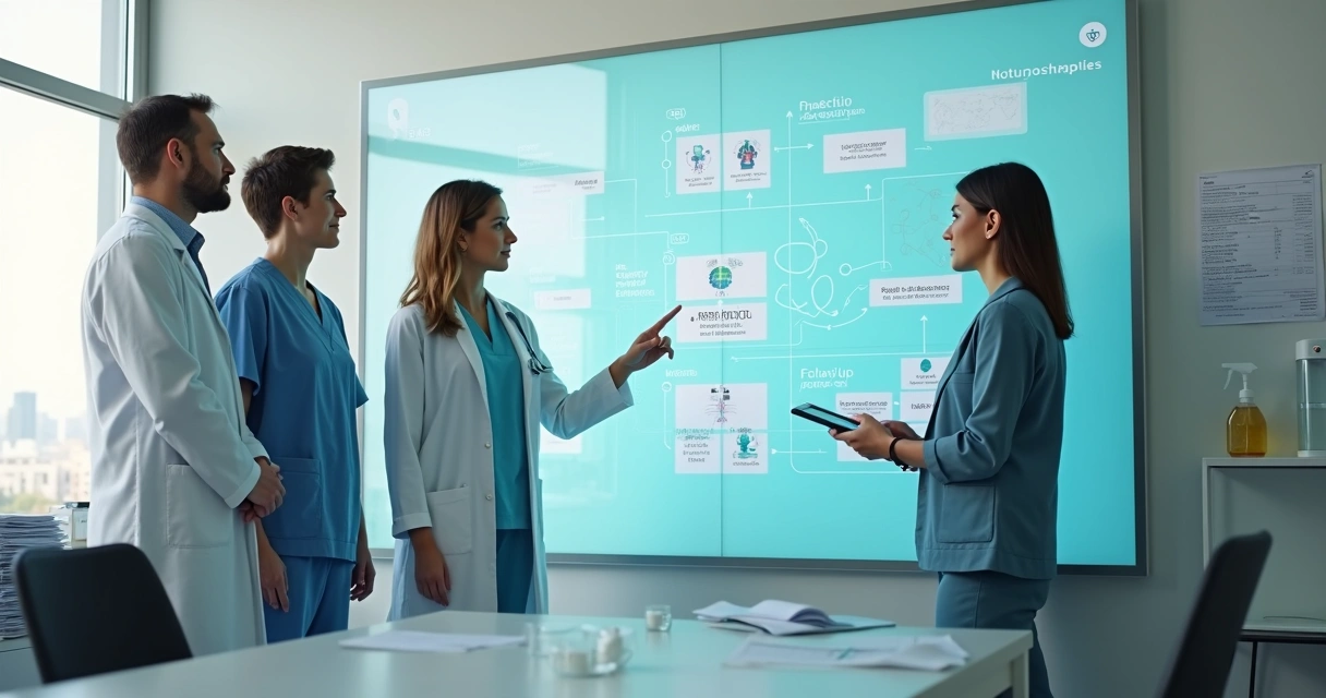 Equipe de clínica definindo fluxo de atendimento com painel digital e ícones de IA 