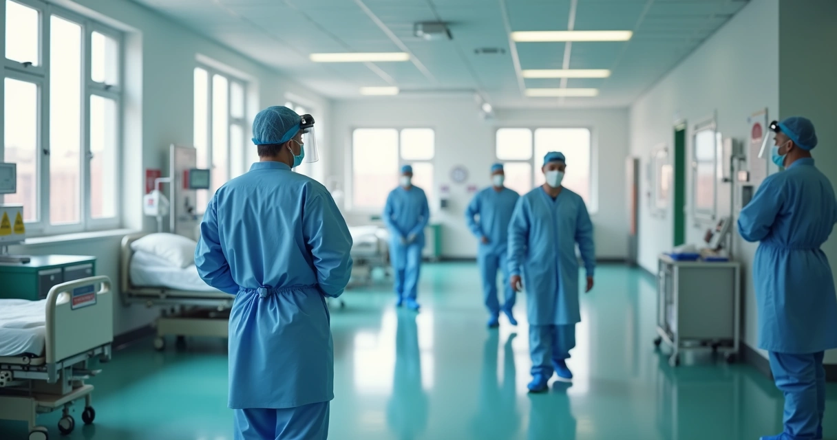 Equipe de saúde montando barreira de isolamento em ambiente hospitalar