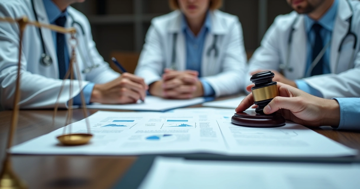 Equipe médica reunida em mesa de reunião avaliando documentos jurídicos 
