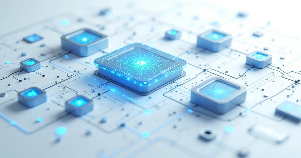Diagrama digital ultra detalhado mostrando um protocolo de modelo de contexto com conexões claras entre componentes em azul e branco 