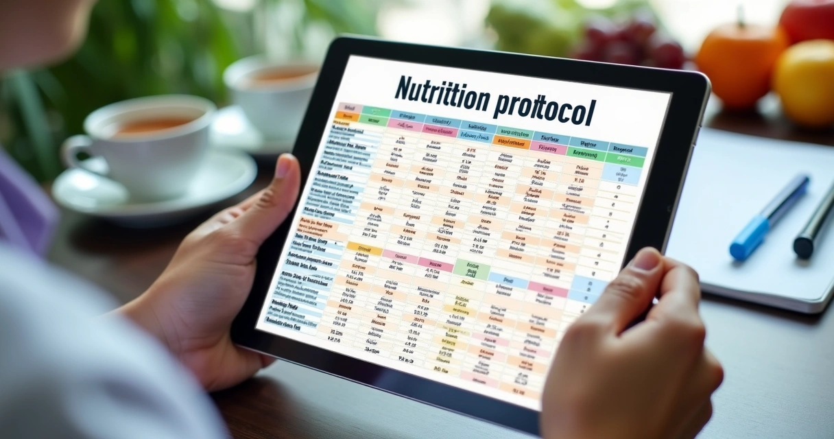 Tabela de protocolo nutricional com informações coloridas e ícones alimentares 