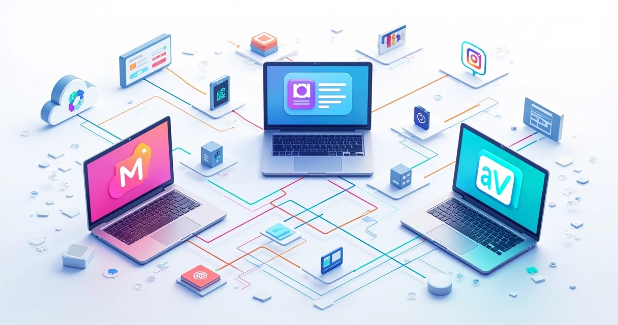 Ilustração de protocolos SAML, OAuth e OpenID Connect conectando diferentes plataformas online. 
