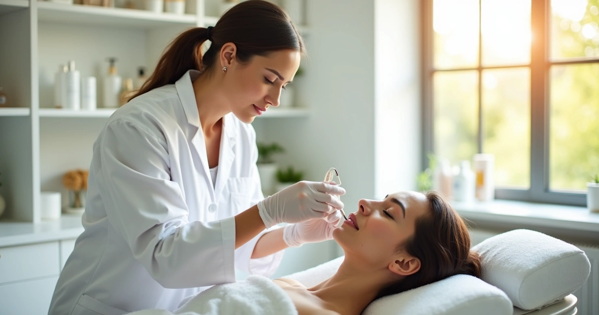 Profissional da saúde estética aplicando produto facial em paciente 