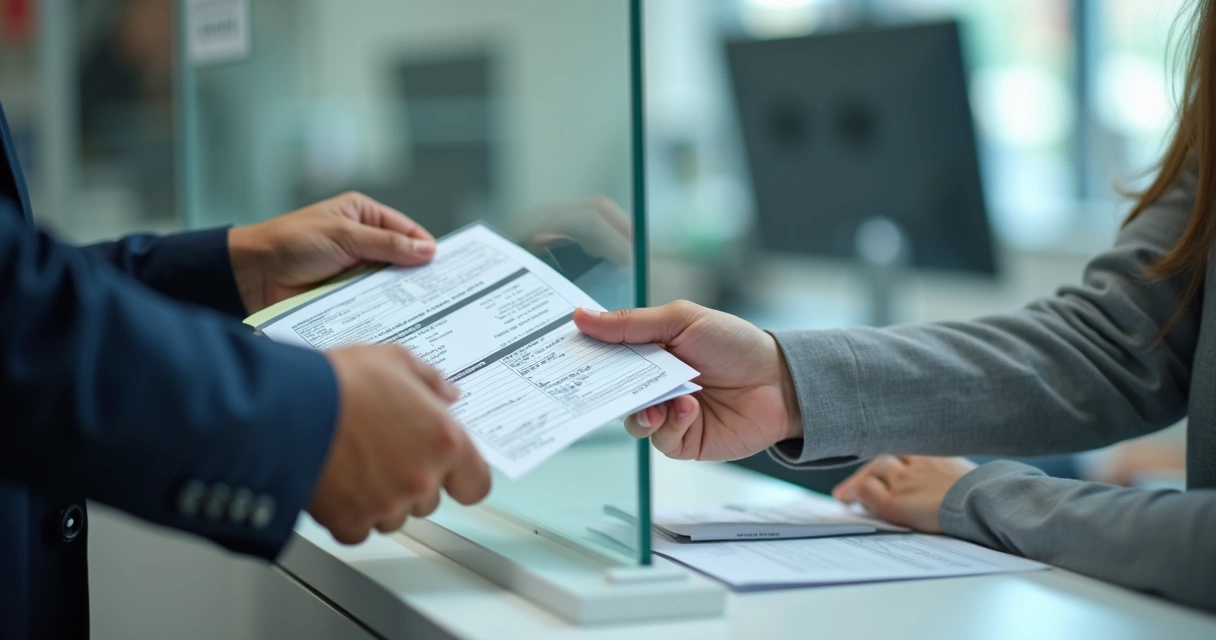 Pessoa protocolando recurso de multa presencialmente com documentos na mão 