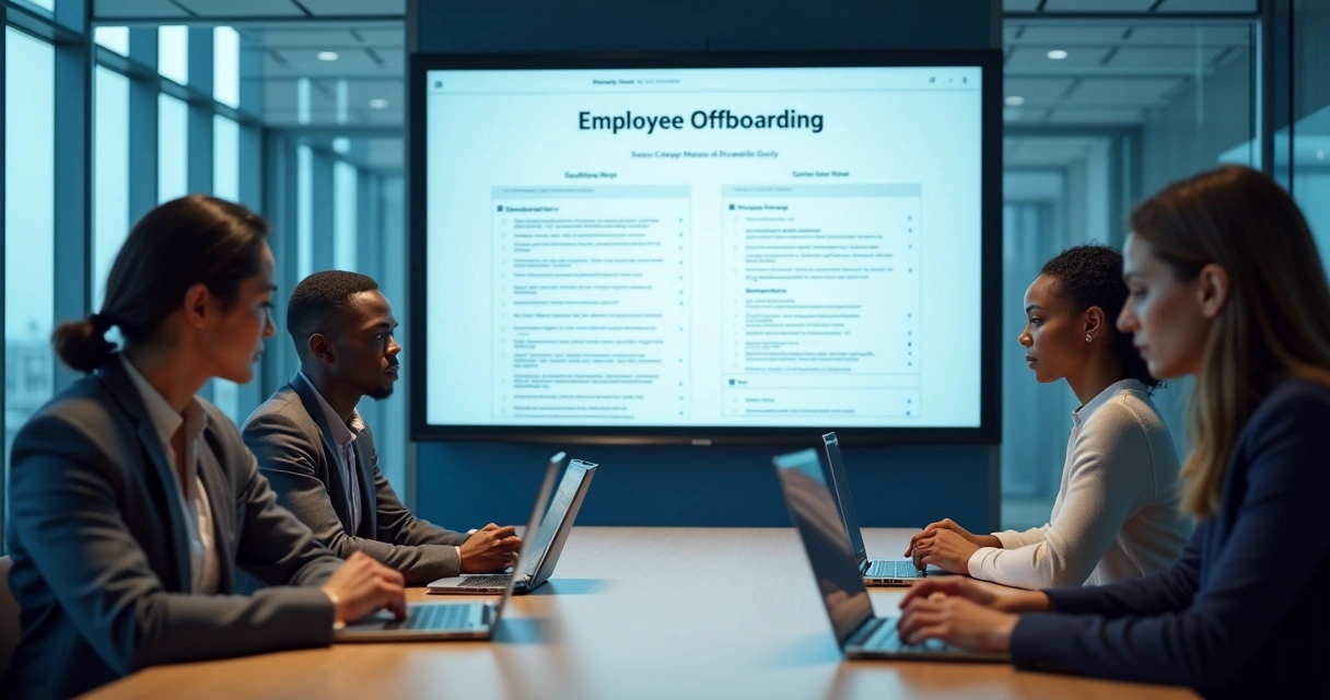 Equipe de recursos humanos revisando checklist digital em tela ampla 