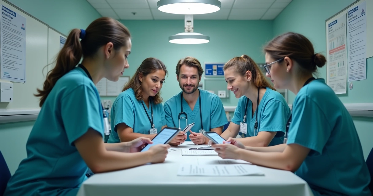 Equipe médica hospitalar reunida revisando checklist 