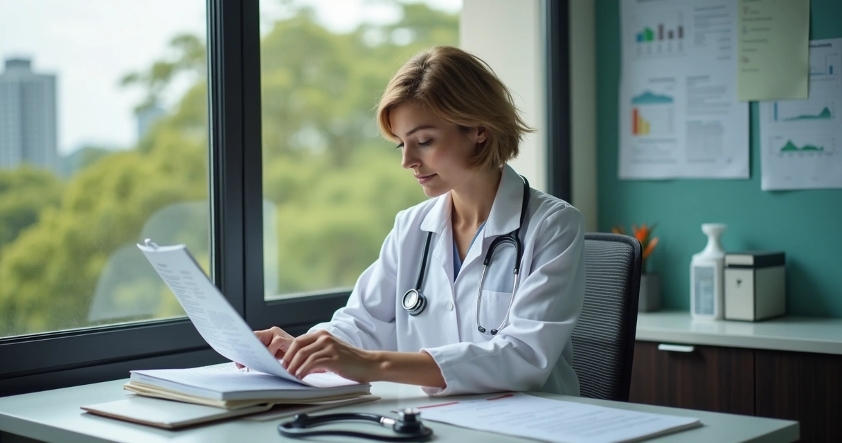 Médica endocrinologista estudando protocolos de tratamento