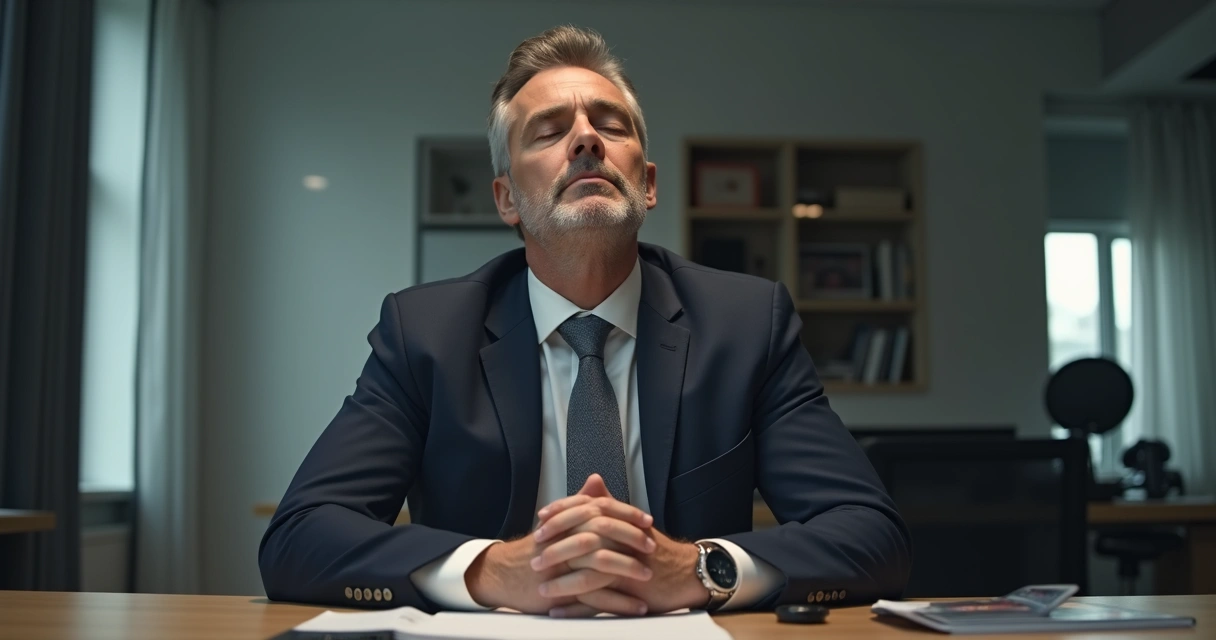 Homem em escritório realizando exercício respiratório discreto, luz suave, atmosfera sóbria 