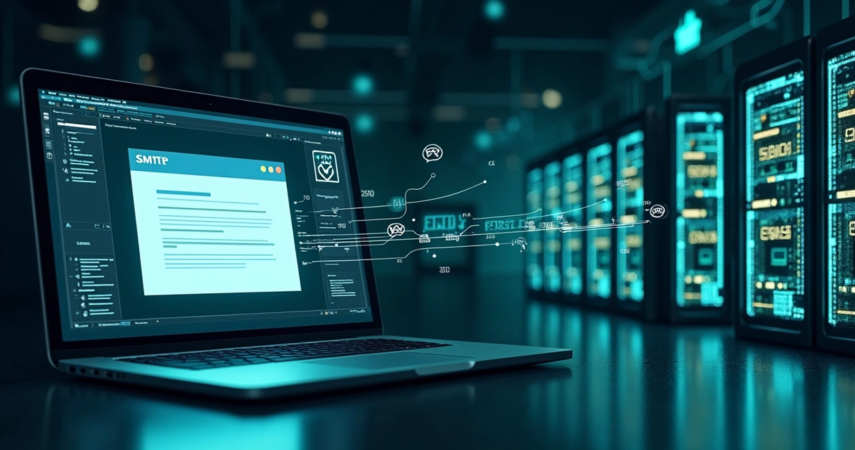 Ilustração detalhada do funcionamento do protocolo SMTP enviando emails com segurança 