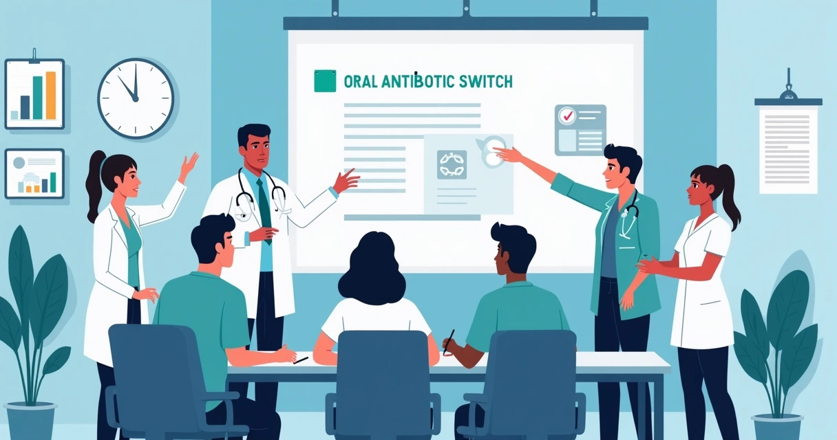 Antibióticos orais para infecções gram-positivas: evidências e protocolos atuais 3 Equipe médica discutindo protocolos de terapia oral no hospital