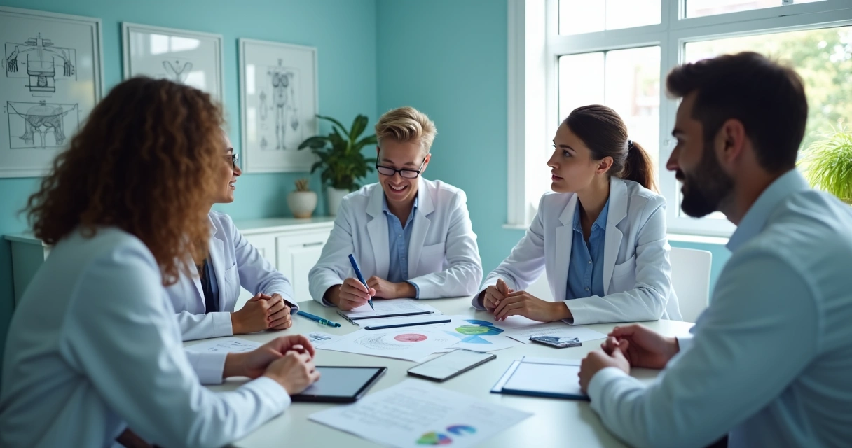 Equipe de clínica discutindo protocolo de atendimento ao cliente 