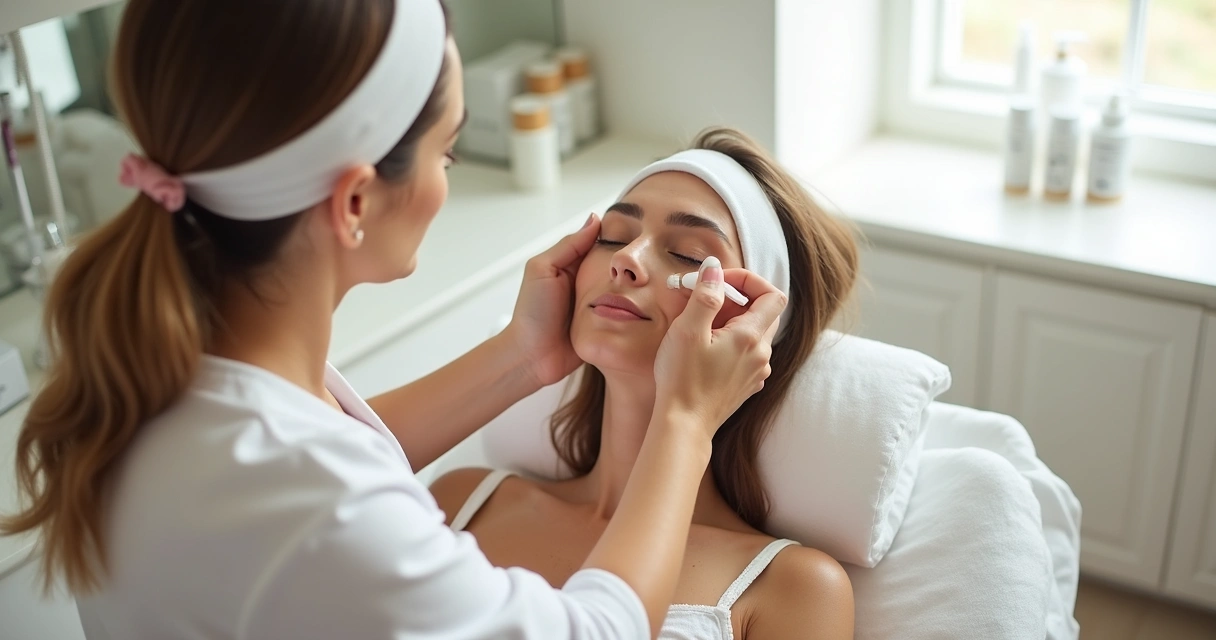 Profissional aplicando protetor solar no rosto de uma mulher em clínica de estética 