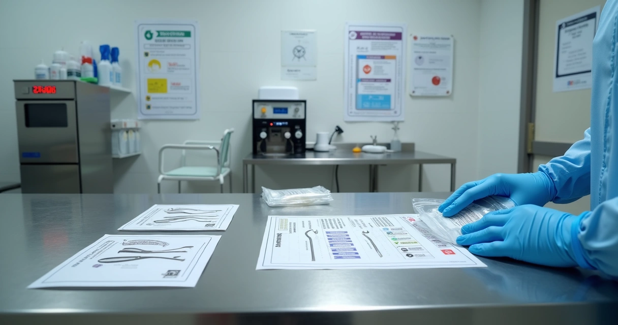 Bancada de preparo em clínica odontológica com protocolos de biossegurança visíveis 