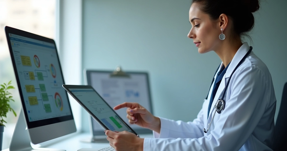 Profissional revisando protocolos nutricionais em arquivo digital 