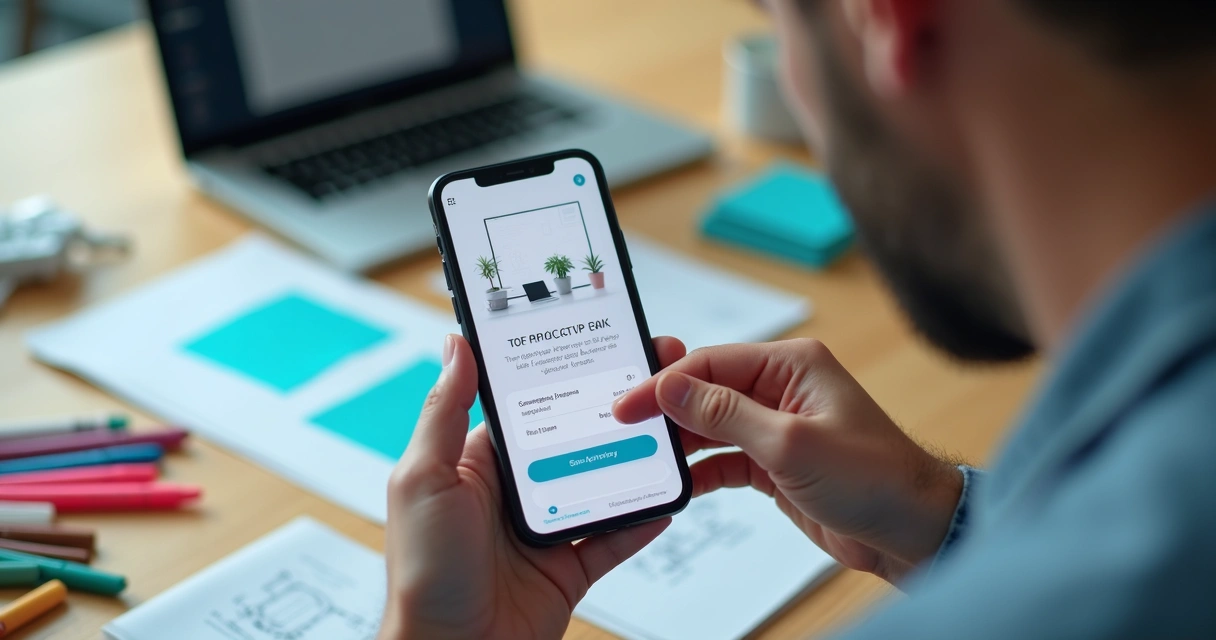 Mãos segurando protótipo de aplicativo no celular