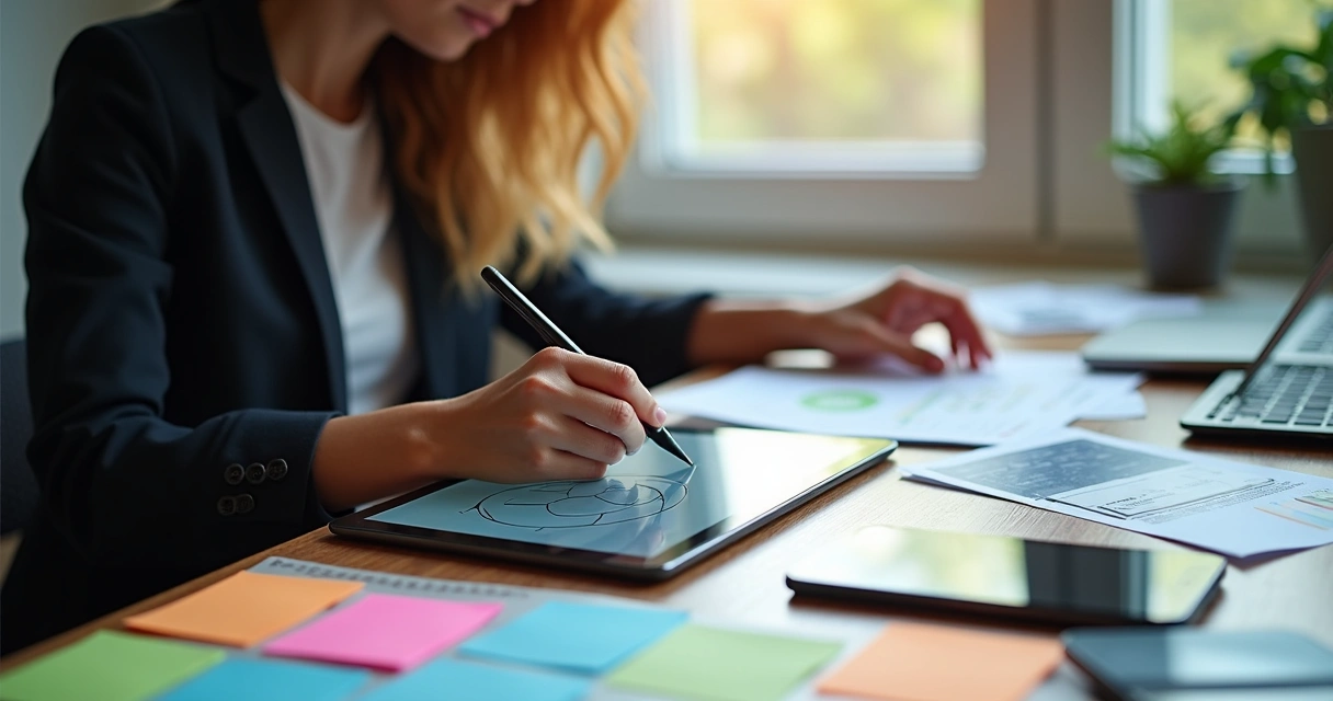 Designer criando protótipo de aplicativo em tablet com post-its e caneta