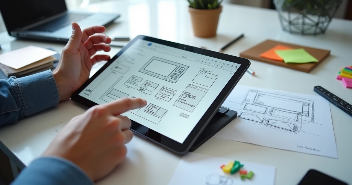 Protótipo digital de interface sendo editado em computador 