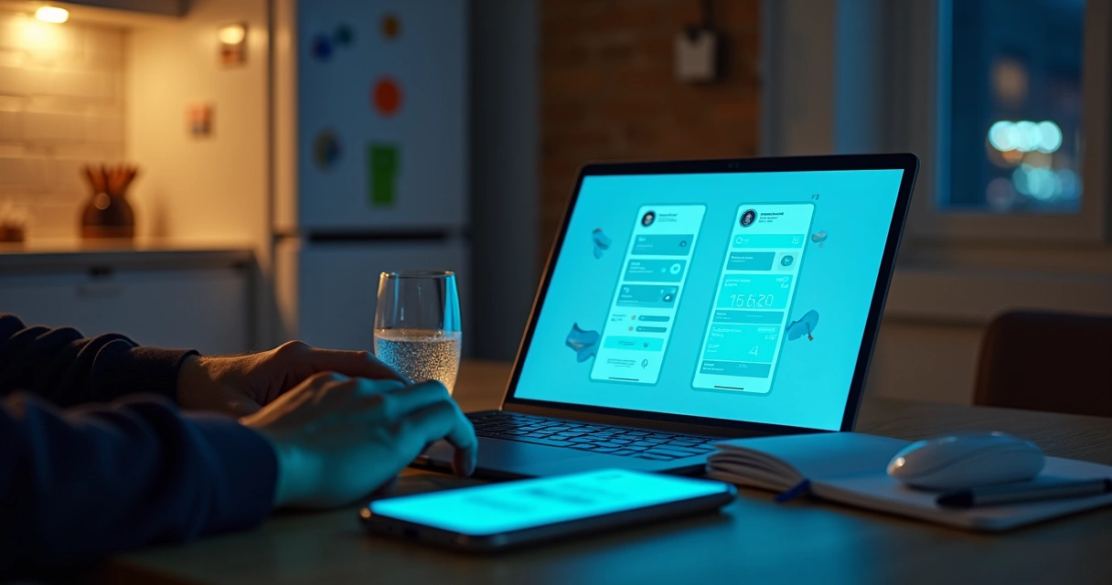 Empreendedor testa protótipo digital de aplicativo em tela de celular no notebook 