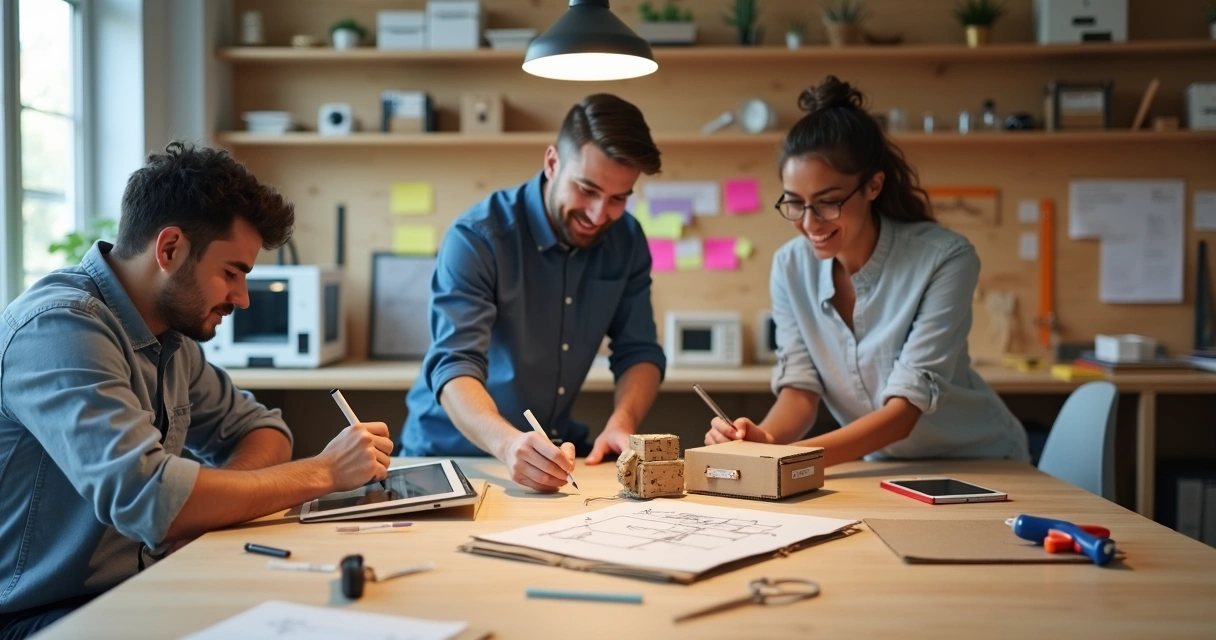 Equipe pequena montando protótipo físico em mesa estilo oficina 
