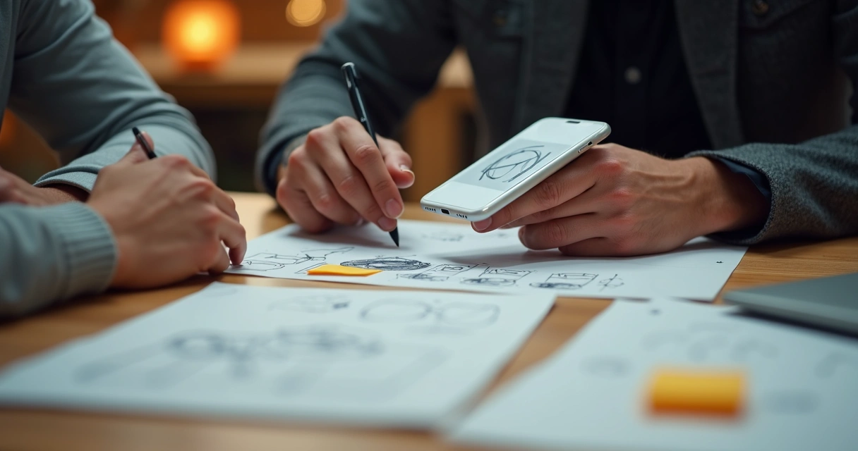 Protótipo simples de aplicativo em smartphone sobre uma mesa de trabalho 