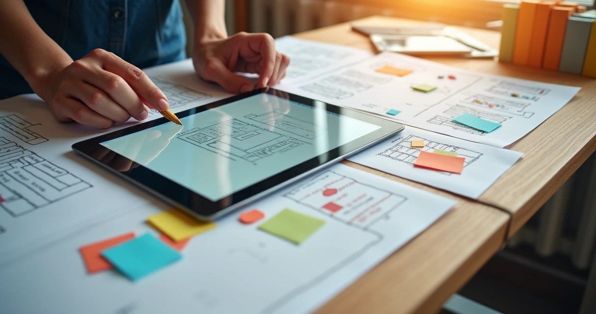 Protótipo de aplicativo móvel em tablet e blocos de papel