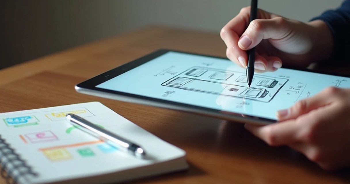 Prototipagem de app de negócio em tablet com anotações e caneta