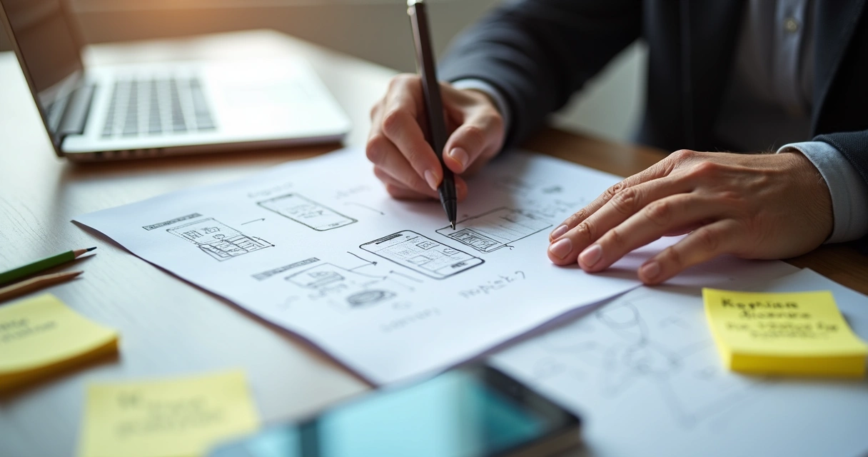 Desenho de protótipo de app em papel com anotações e mãos digitando no notebook 