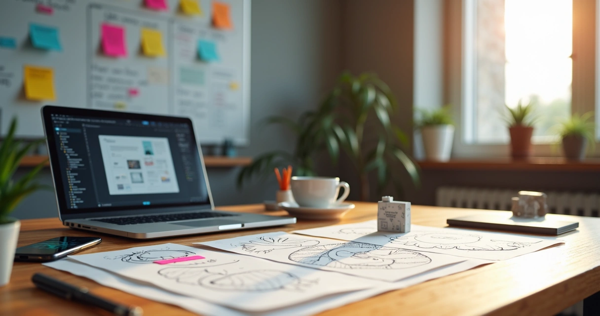 Mesa de trabalho com protótipos de baixo custo feitos com papel, caneta e dispositivos digitais 