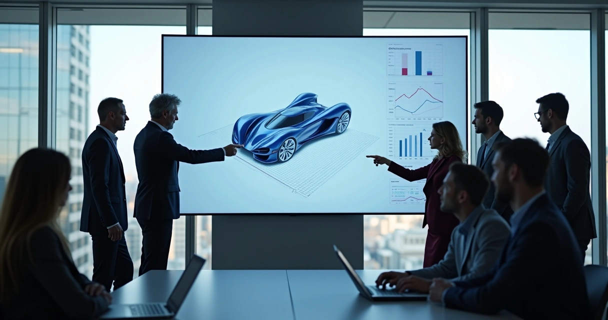 Protótipo digital de produto em tela com pessoas analisando 