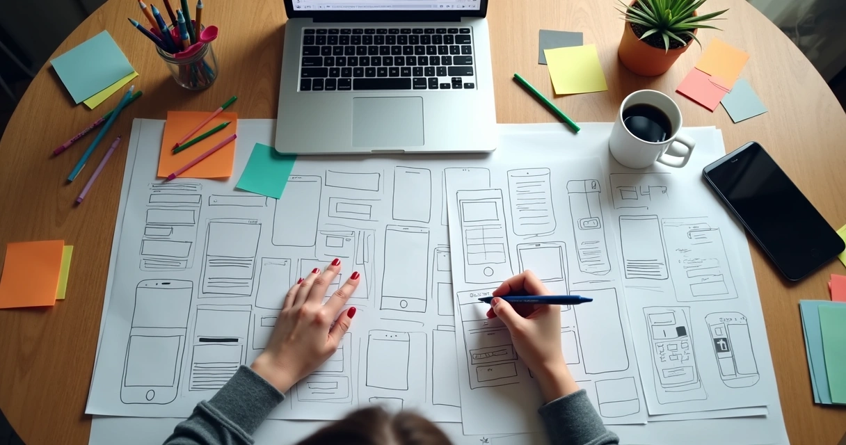 Pessoa prototipando várias telas em papel e notebook ao mesmo tempo