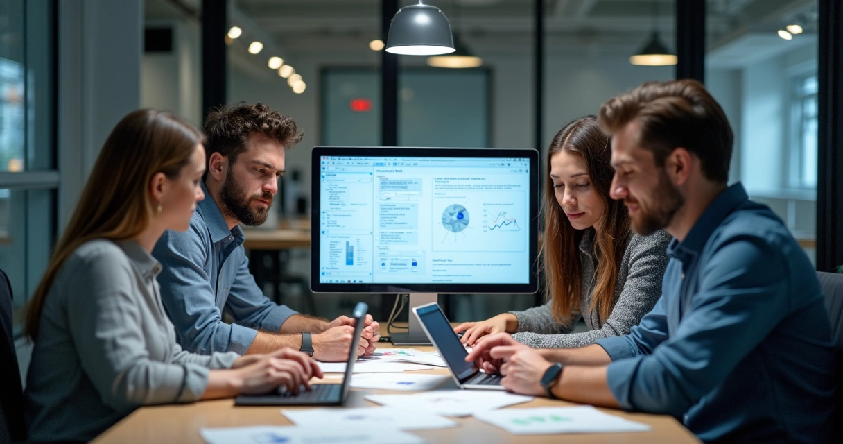 Equipe executiva realizando prototipagem em computador 