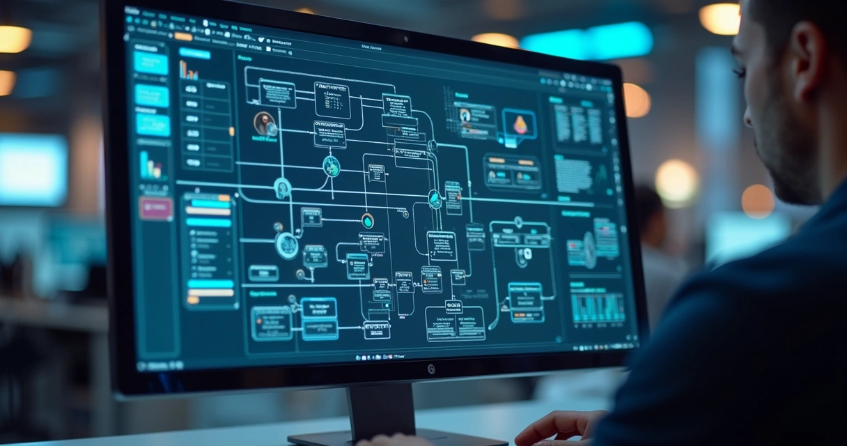 Protótipo de fluxo automatizado exibido em tela de computador moderno. 