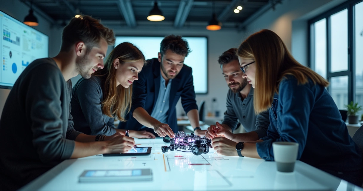 Equipe testando protótipo inovador juntos 