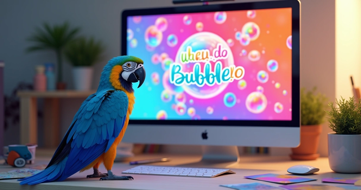 Protótipo Bubble.io colorido em monitor, com arara azul ao lado 