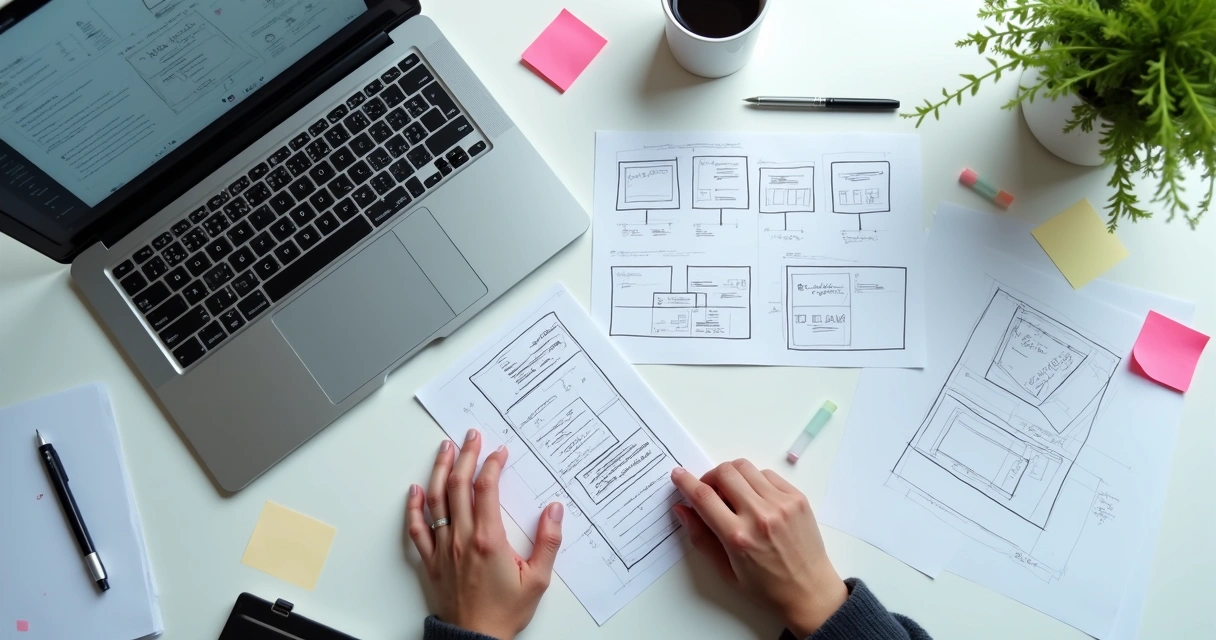 Wireframe de aplicativo digital exibido em notebook e sketches em papel 