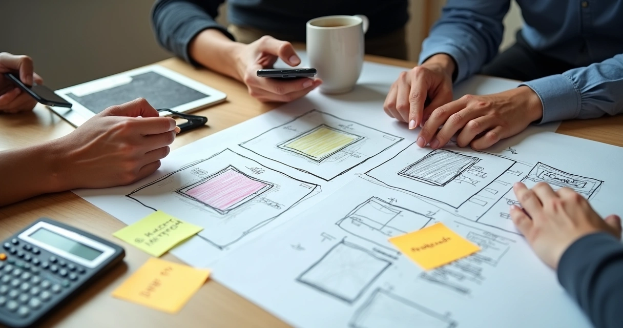 Prototipação de produto de PME em quadro, telas desenhadas à mão, equipe analisando protótipo 