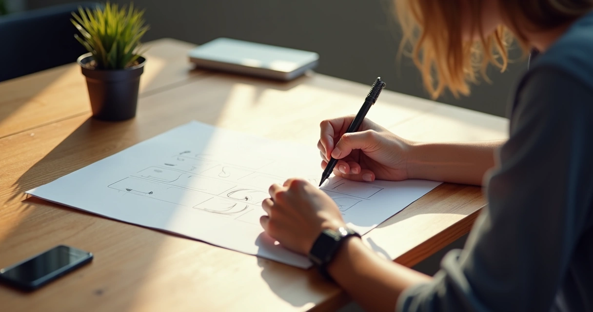 Protótipo de tela de aplicativo móvel com fluxos simples desenhados em papel e mão com caneta