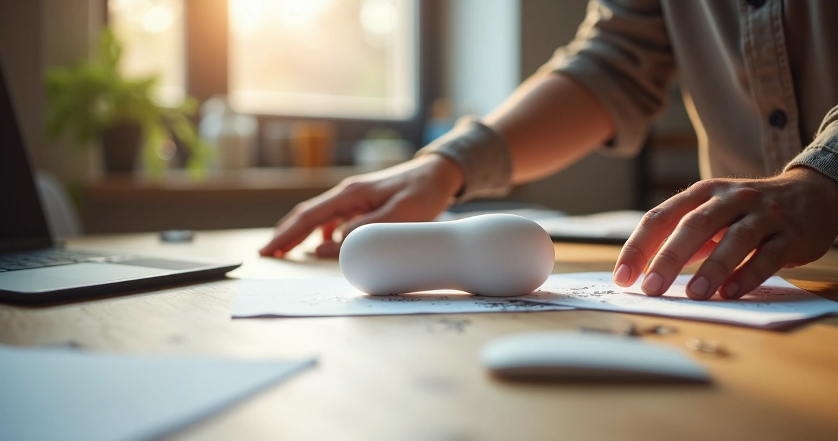Protótipo de produto simples sobre uma mesa, mãos mexendo e testando ideias 