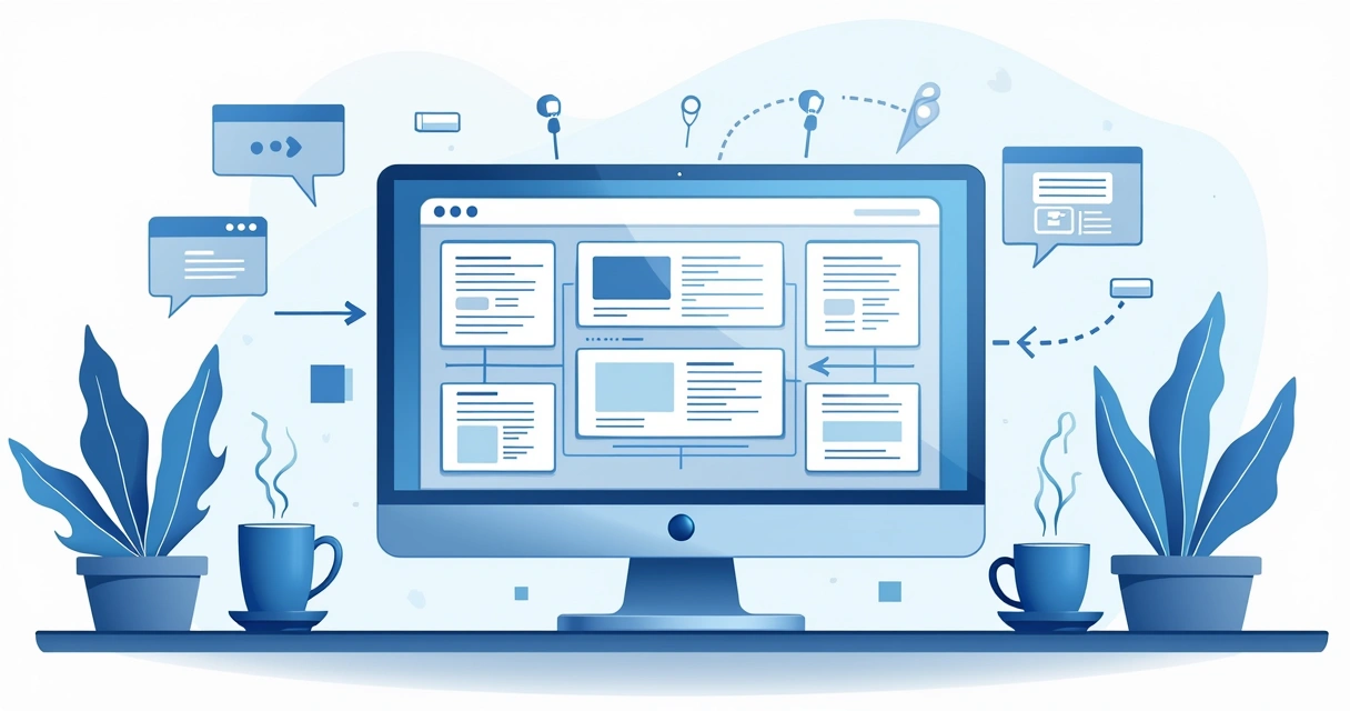 Protótipo de aplicativo SaaS desenhado em tela digital com setas e comentários, cores azul e branco 