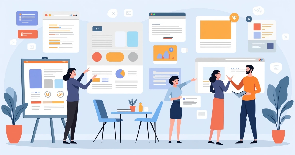 Protótipo digital de site em fundo claro, com elementos de design coloridos 
