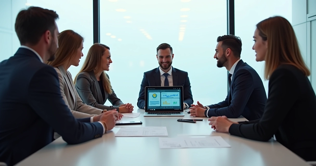 Protótipo visual de tela de software apresentado em notebook em reunião