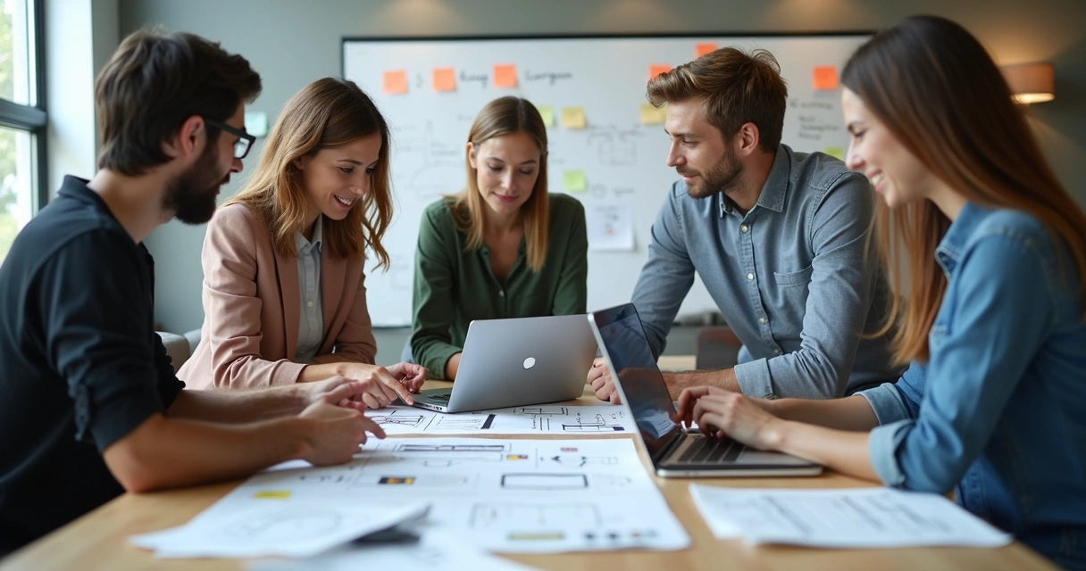 Protótipo de tela de software sendo analisado por equipe 