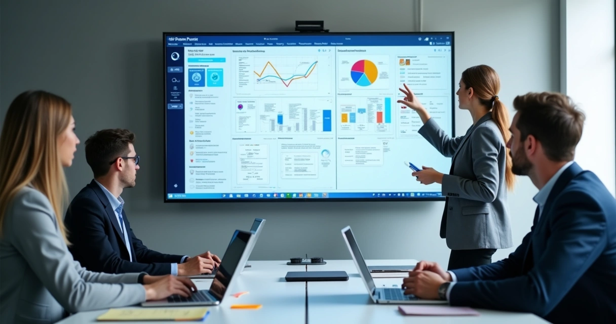 Equipe revisando protótipo de software em tela grande 