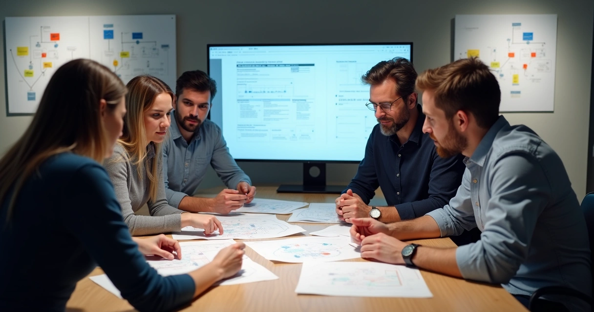 Equipe analisando telas de protótipo digital em ambiente colaborativo 