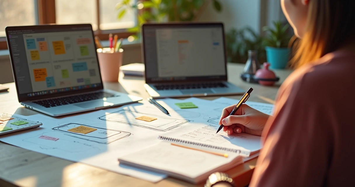 Prototipagem de aplicativo sendo feita em papel e computador