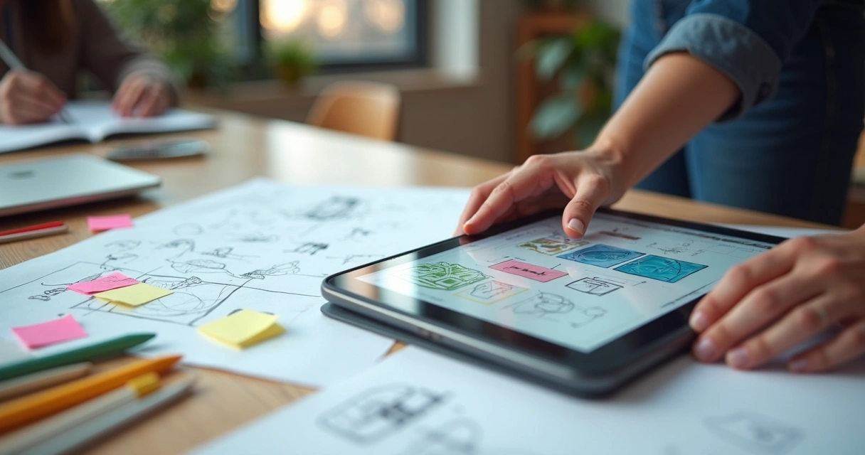Protótipos em papel e digital dispostos sobre uma mesa