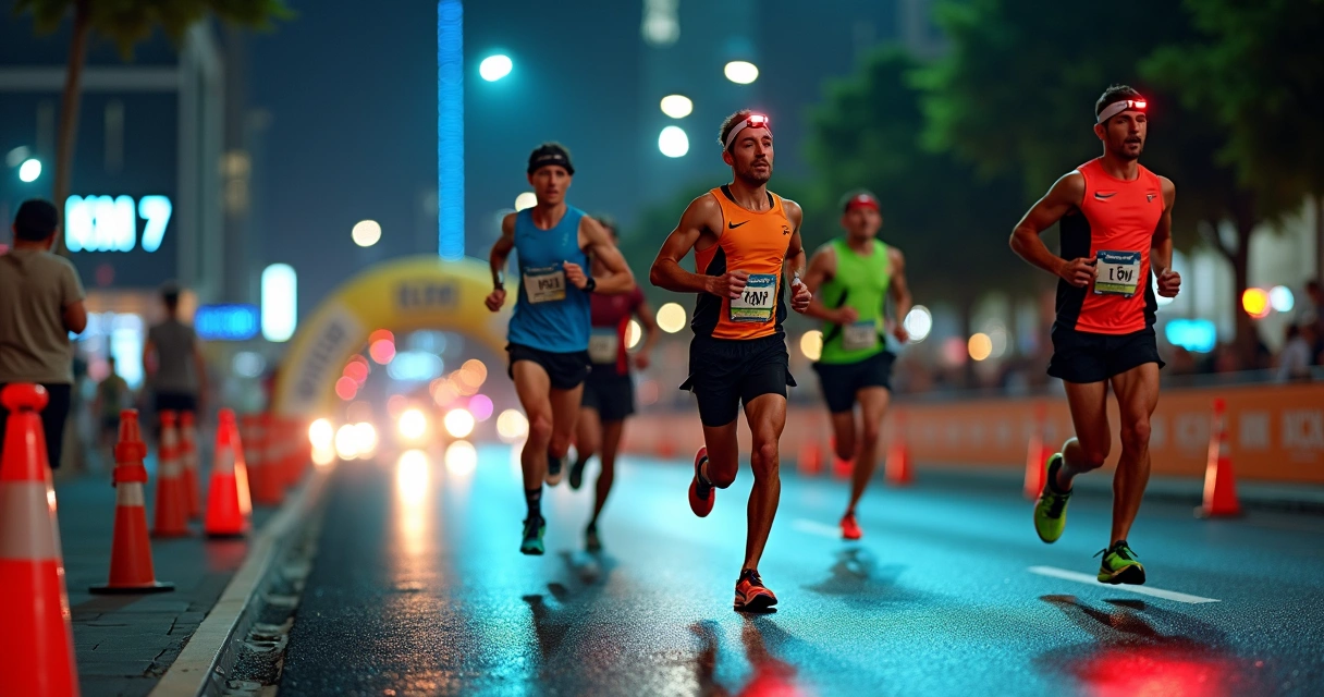 Pelotão misto de corredores em prova de 10 km em avenida iluminada à noite 