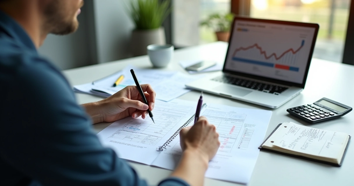 Pessoa resolvendo prova de certificação financeira em mesa de estudo 