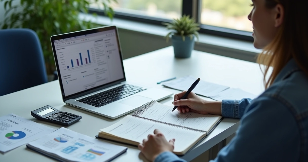 Pessoa estudando para prova de certificação financeira com notebook e anotações 